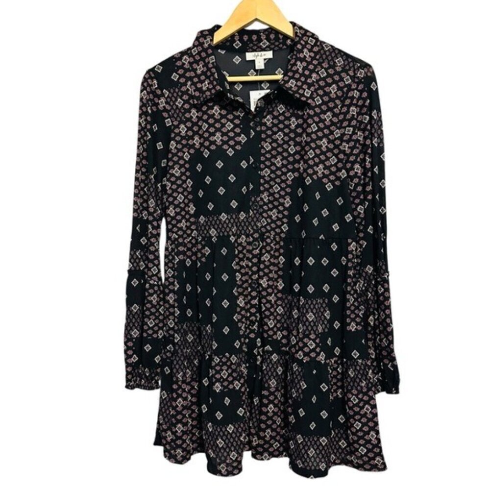 Style & Co Mesh Geometric Button Down Dress NWT Purple Black Size S